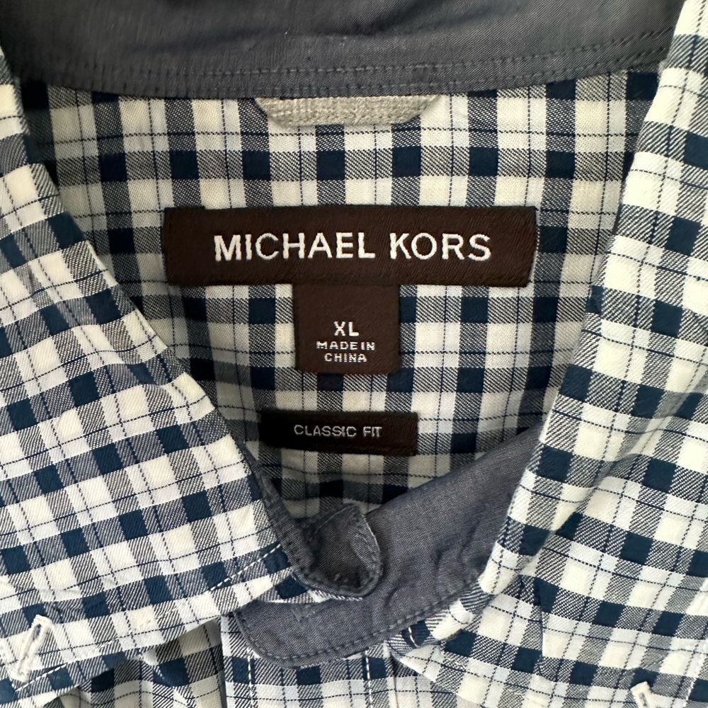 Mens Michael Kors blue and cream plaid dress down shirt